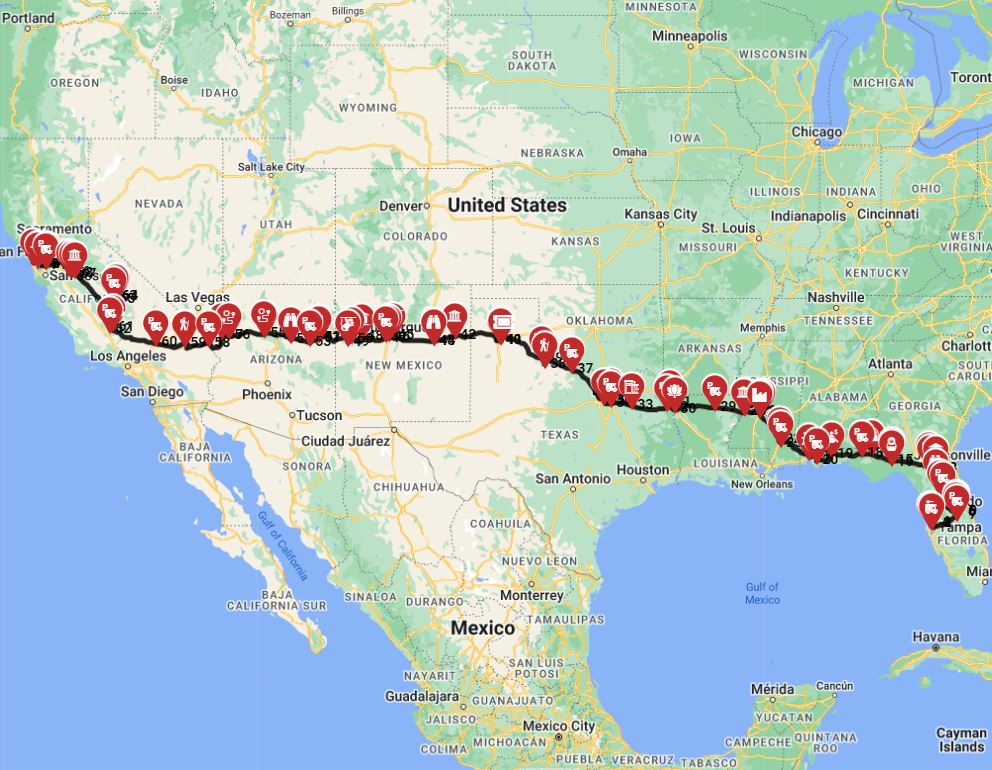 Motorhome route planner for RV trip from Tampa to San Francisco